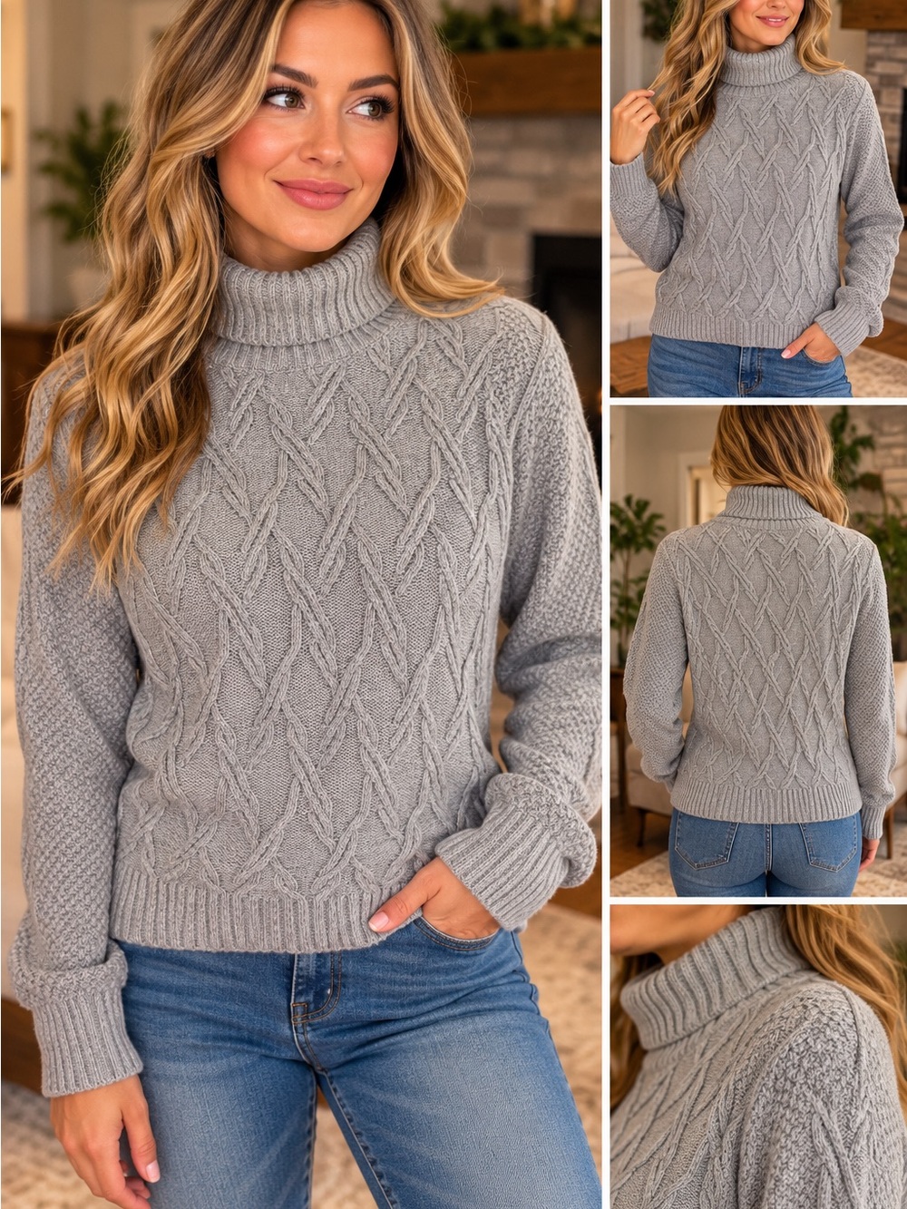 GUESS Los Angeles XL Gray Cable Knit Turtleneck Sweater NWOT Cozy Fall Old Money